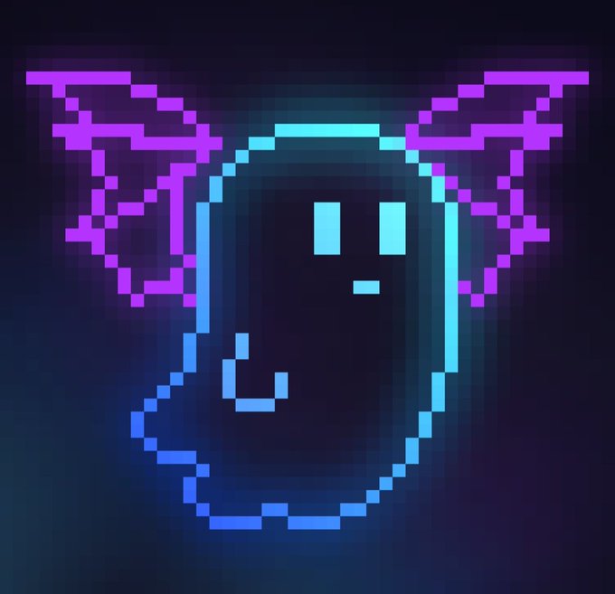 A neon pixel-art style illustration of a glowing blue smiling face/ghost with magenta pixelated angel wings against a dark background.