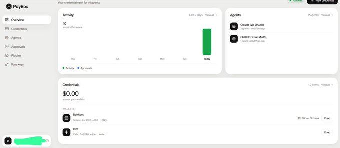 The image shows a PayBox dashboard for an "AI agents" credential vault, displaying 10 activity events (with 2 on Tuesday), 2 agents including Claude (via OAuth) and ChatGPT (via OAuth), and a $0.00 balance with wallet addresses for "daredevil" and "d83" ready to be funded.

This relates to the post as the user appears to be sharing their PayBox account dashboard after struggling to complete onboarding, likely to prove their account status and request help receiving their E POS tokens to the wallet address shown on the screen.