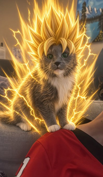 An AI-generated image of a fluffy kitten with spiky golden Super Saiyan-style hair and glowing yellow energy aura, sitting on someone's red-sleeved arm.