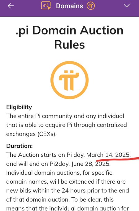 A screenshot of the ".pi Domain Auction Rules" page showing eligibility criteria stating "The entire Pi community and any individual that is able to acquire Pi through centralized exchanges (CEXs)" with an auction duration from Pi Day March 14, 2025, to Pi2Day June 28, 2025, with parts of the text crossed out in red.
