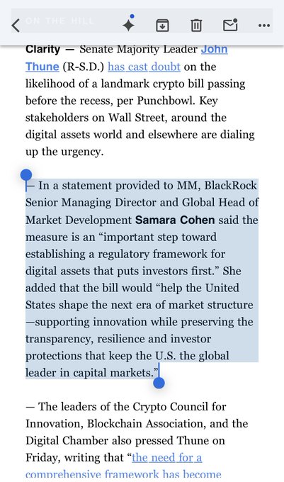 A screenshot of a news article highlights BlackRock Senior Managing Director Samara Cohen's statement endorsing the Clarity Act as an "important step toward establishing a regulatory framework for digital assets," which aligns with the post's claim that BlackRock is publicly supporting the bill.