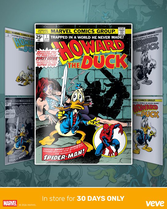 A promotional graphic for Marvel's Howard the Duck comic shows the issue #1 cover featuring Howard with a sword and Spider-Man, surrounded by variant covers, with text 'In store for 30 DAYS ONLY' and the 'veve' logo.