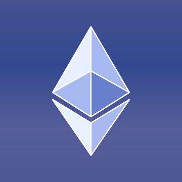 The Ethereum logo, a geometric diamond-like shape with two pyramids, is displayed in white on a blue-purple gradient background.