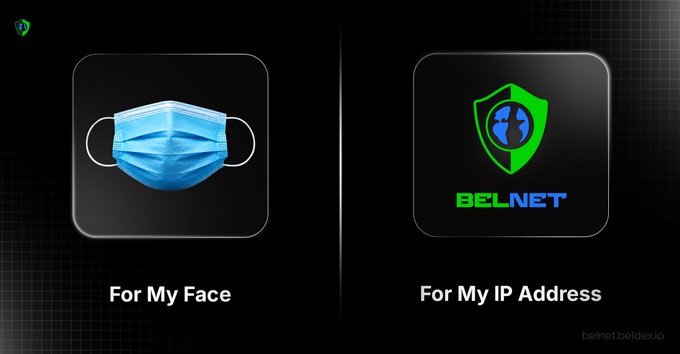 A Belnet promotional graphic contrasting a medical face mask labeled "For My Face" with the Belnet shield logo labeled "For My IP Address."