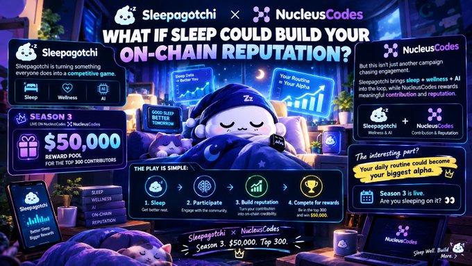 Promotional graphic for Sleepagotchi × NucleusCodes Season 3 with a $50,000 reward pool, featuring a cartoon sleeping cat and explaining how sleep and wellness build on-chain reputation.