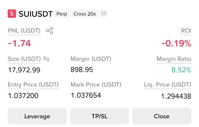 The image shows a trading position dashboard for a SHORT SUI/USDT perpetual futures trade with 20x cross leverage, displaying a PNL of -1.74 USDT (-0.19% ROI) on a position size of 17,972.99 USDT with margin of 898.95 USDT. The entry price of 1.037200 and mark price of 1.037654 closely match the post's stated entry, while the liquidation price sits at 1.294438, illustrating the high risk of the 20x leveraged short position the poster is promoting.