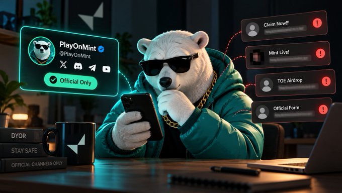 A digital illustration of a polar bear wearing sunglasses and a green hoodie using a smartphone, surrounded by floating UI elements for "PlayOnMint," "Claim Now!!", "Mint Live!", "TGE Airdrop", and "Official Form."