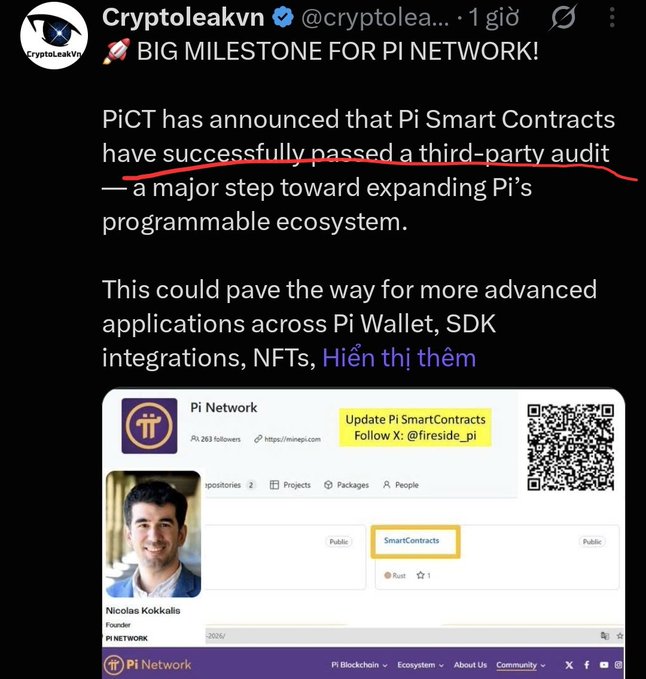 A screenshot of a Cryptoleakvn tweet announcing that Pi Smart Contracts have passed a third-party audit, featuring an image of the Pi Network GitHub repository with Nicolas Kokkalis listed as founder—though the original post corrects this claim, stating no such audit confirmation was actually found on the official GitHub repo.