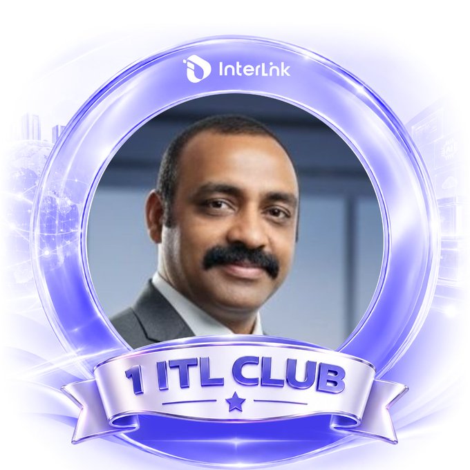 A promotional graphic featuring a man's portrait within a decorative blue frame, branded with the 'Interlink' logo and a '1 ITL CLUB' banner.