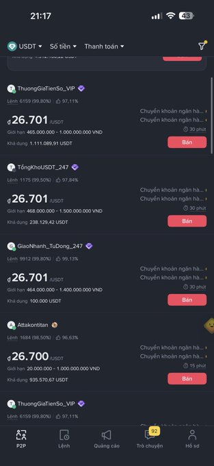 A screenshot of a Vietnamese crypto P2P trading platform showing multiple USDT sell listings priced around 26,700-26,701 VND, with sellers like "ThuongGiaTienSo_VIP," "TongKhoUSDT_247," "GiaoNhanh_TuDong_247," and "Attakontan" offering large quantities of USDT for Vietnamese Dong. The image illustrates the current USDT/VND exchange rate (~26,701), supporting the user's wish for the rate to rise back to a higher level (like 40x) to cash out their holdings.