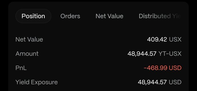 A dark-themed crypto position screen showing Net Value of 409.42 USX, Amount of 48,944.57 YT-USX, a PnL of -468.99 USD, and Yield Exposure of 48,944.57 USD.
