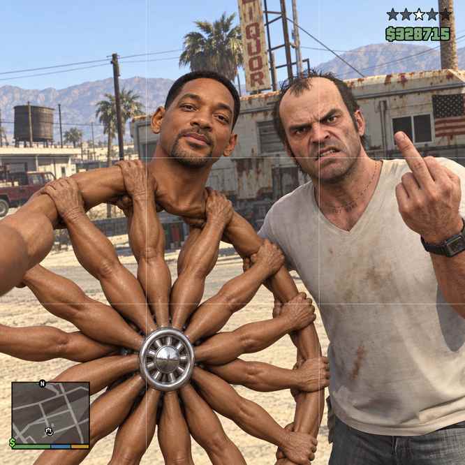 The image is a humorous, digitally edited parody of a Grand Theft Auto V wanted-level screenshot, featuring multiple clones of Will Smith whose arms and hands fan out into a wheel formation, standing next to Trevor Philips who is flipping off the camera. The five-star wanted level and $3,287,15 cash display remain intact, playfully tying to the "gwheel solana" post by literalizing the "wheel" concept through the absurd spinning-arm formation of cloned heads.