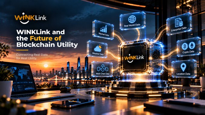 A futuristic cityscape at sunset promoting "WINkLink and the Future of Blockchain Utility," with floating holographic icons showing Market Data, Weather Data, Multi-Chain Data, Real World Data, Enterprise Data, Crypto Data, and Location Data.