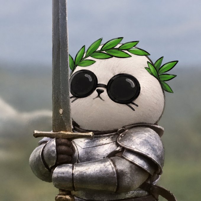 A whimsical digital illustration of a round, white cat-like creature wearing a laurel wreath, black sunglasses, and medieval knight armor while holding a sword upright.