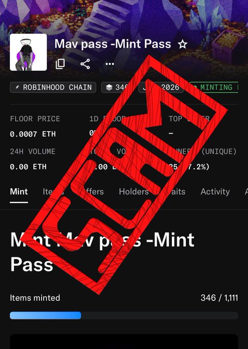 A smartphone screenshot of an NFT minting page for 'Mav pass -Mint Pass' on the Robinhood Chain, showing floor price 0.0007 ETH, with 346/1,111 items minted and a large red 'FRAUD' stamp across it.
