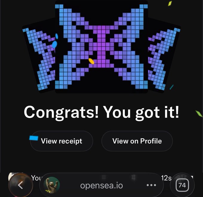 A mobile screenshot of opensea.io showing a 'Congrats! You got it!' message for a pixel-art style NFT depicting a skeletal, bow-tied figure.
