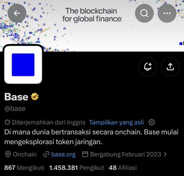 A Twitter profile of "Base (@base)," the L2 blockchain for global finance launched February 2023, shows 1.46 million followers and a pinned post in Indonesian announcing Base is "starting to explore network tokens." The image ties to the accompanying airdrop commentary by showcasing Base as a prominent example of a project signaling future token distribution, highlighting how anticipation of "free" network tokens often masks the real costs farmers pay in time and capital.
