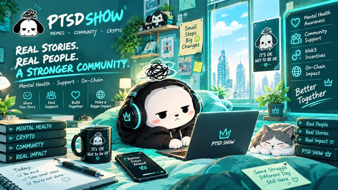A promotional banner for 'PTSD Show' featuring a cute cartoon character with headphones using a laptop, advertising mental health, memes, community, and crypto content.
