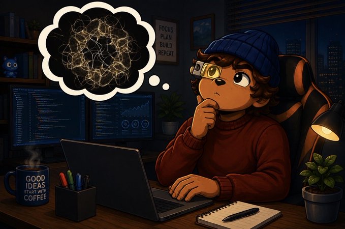 A cartoon illustration of a programmer wearing a blue beanie sitting at a laptop with code on dual monitors, pondering tangled code in a thought bubble, with a coffee mug reading 'GOOD IDEAS START WITH COFFEE' and a framed sign reading 'FOCUS PLAN BUILD REPEAT' visible in the workspace.
