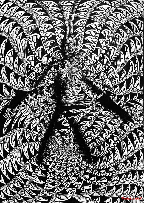 A complex black and white ink drawing featuring dense, intricate mandala-like patterns and symmetrical designs that seem to form a vaguely humanoid or insectoid silhouette, signed in red at the bottom right.