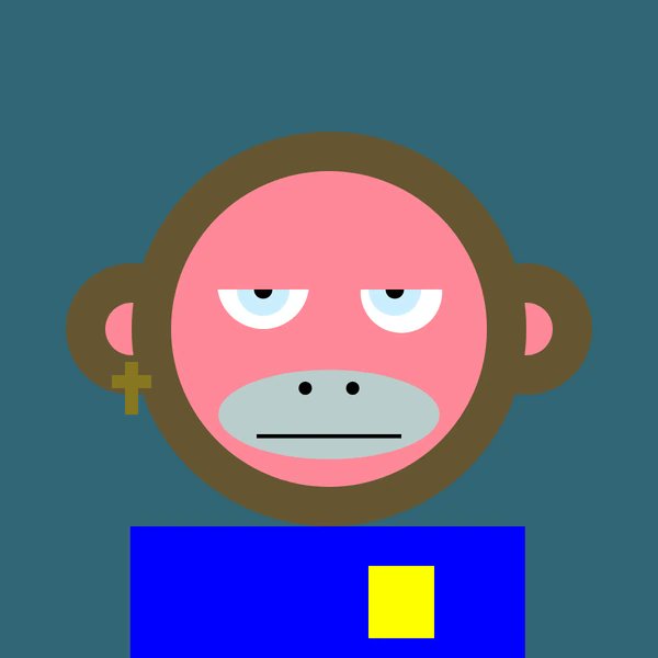 A minimalist digital illustration of a monkey character with a pink face, brown head outline, cross earring, gray muzzle, and blue shirt with a yellow pocket, set against a teal background.