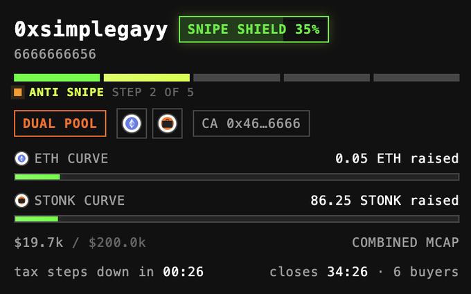 A token sale dashboard interface for '0xsimplegayy,' showing progress bars, an 'ANTI SNIPE STEP 2 OF 5' indicator, and dual pools tracking 'ETH CURVE' and 'STONK CURVE' raised amounts.
