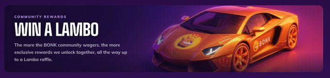Banner advertising 'WIN A LAMBO' community rewards for BONK, featuring an orange Lamborghini with BONK branding against a purple background.