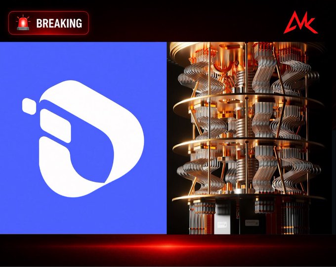 A breaking news graphic from 'MK' showing a blue square with a white icon on the left and a quantum computer or advanced technological device on the right.