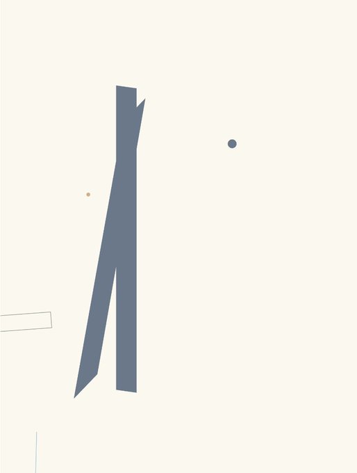 A minimalist illustration featuring a gray elongated figure against a beige background with a few small colored dots.