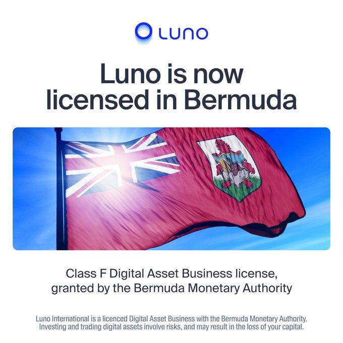 Luno announces it is now licensed in Bermuda, featuring a prominently displayed Bermuda flag and noting the Class F Digital Asset Business license granted by the Bermuda Monetary Authority.