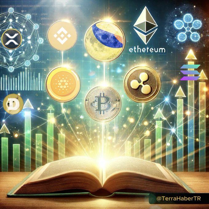 An open glowing book emits light upward toward floating cryptocurrency icons (including Bitcoin, Ethereum, Binance, XRP, Cardano, Dogecoin, Solana, and Terra/Luna) above ascending green bars and trading charts, symbolizing market analysis and prediction. The image visually represents the post's reference to tracking the market's coordinated direction, with the luminous book suggesting insight into where all these correlated coins—including $LUNC—are headed next.