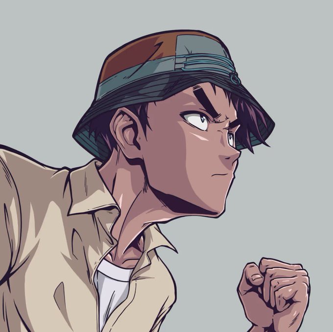 An anime-style illustration of a young man with dark hair wearing a bucket hat and a beige shirt, shown in a determined pose with a clenched fist.