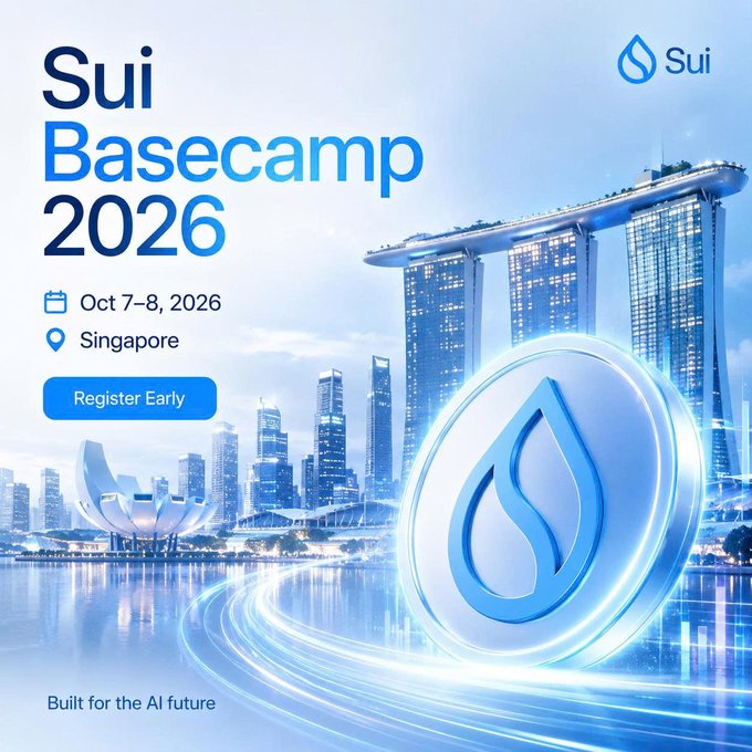 A promotional poster for 'Sui Basecamp 2026' taking place on October 7-8, 2026 in Singapore, featuring the Marina Bay Sands and ArtScience Museum with the tagline 'Built for the AI future' and a Register Early button.