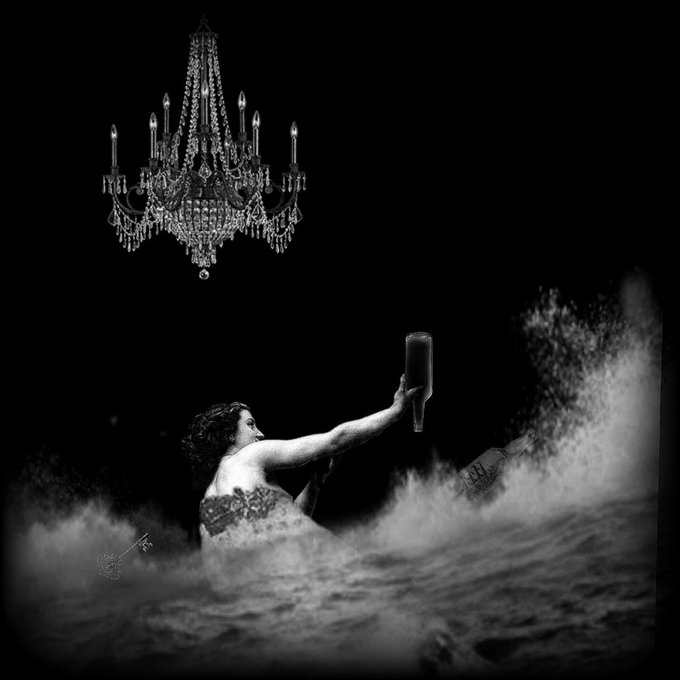 A dramatic black and white artistic photograph of a woman emerging from churning water, reaching up toward a sparkling crystal chandelier while holding a bottle.