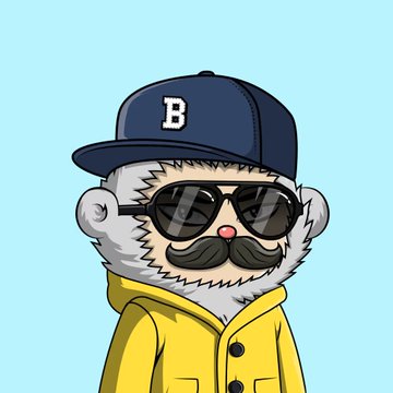 A cartoon illustration of a gray furry character with a large black mustache, wearing dark sunglasses, a navy blue cap with a 'B' logo, and a yellow raincoat.