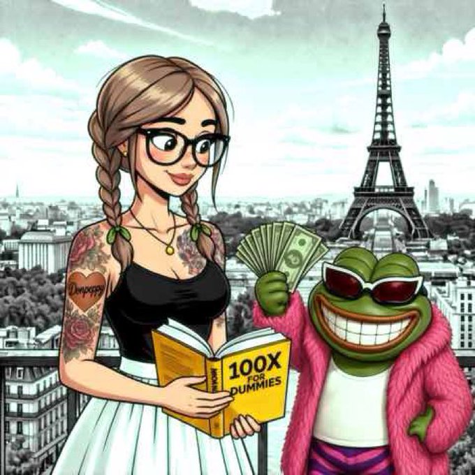 An illustrated cartoon depicts a woman with glasses and braids holding a book titled "100X FOR DUMMIES" alongside a green frog character wearing sunglasses and a pink fur coat, set against a Paris backdrop with the Eiffel Tower.