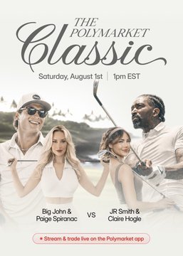 Promotional graphic for "The Polymarket Classic" golf match on Saturday, August 1st at 1pm EST, featuring Big John & Paige Spiranac vs. JR Smith & Claire Hogle, with text noting "Stream & trade live on the Polymarket app." The image directly advertises the event referenced in the post, which mentions the Polymarket odds favoring Paige Spiranac and Big John at 80% to win.