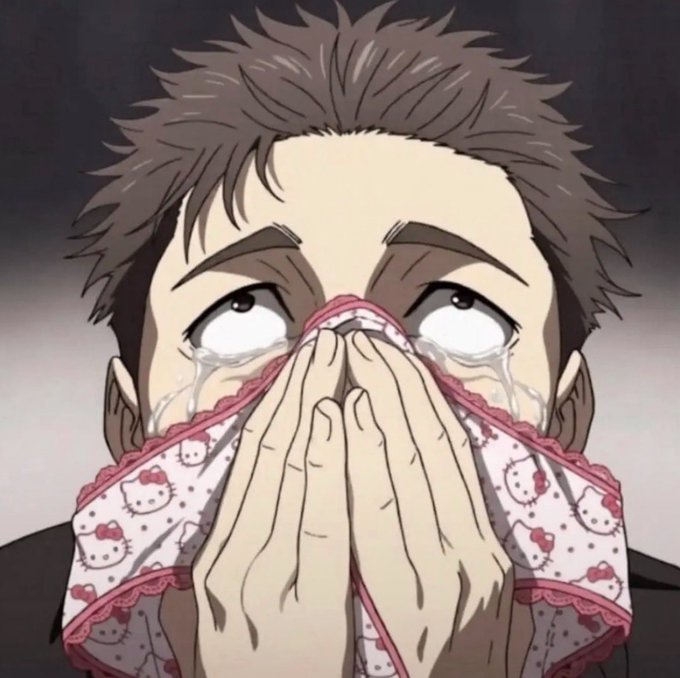 An anime character with messy brown hair cries while holding a pink Hello Kitty handkerchief to their face.