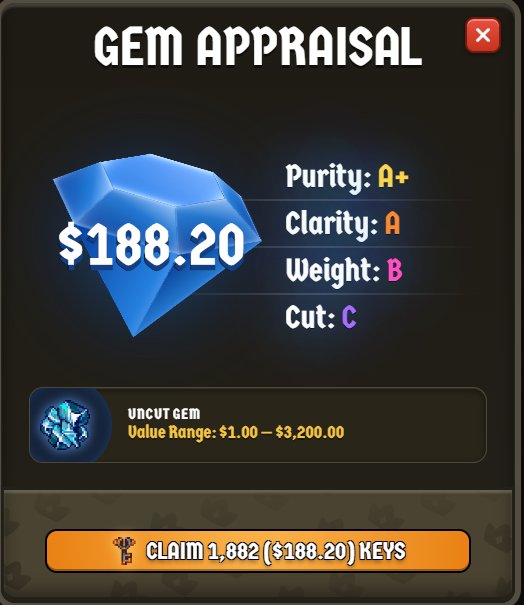 A "Gem Appraisal" screen displays an uncut sapphire valued at $188.20 with stats of Purity A+, Clarity A, Weight B, and Cut C, allowing the user to claim 1,882 keys ($188.20). The image illustrates the poster's pull from a T3 fishing bag, where they landed on the lower end of the gem's $1.00–$3,200.00 value range.