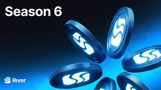 A promotional graphic for 'River' Season 6, featuring blue metallic coins with the River logo flying through a blue, smoky background.