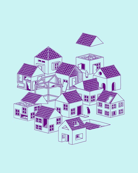 A minimalist line drawing on a light teal background shows a cluster of small houses with purple, grid-patterned roofs, with one roof floating detached above the group.