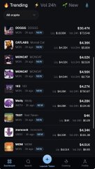 The image displays a trading interface showing a trending section with tokens like MONAD, SALA币, WECHOC, MONCHI, ALT, ZHOU, and DEWAVE, featuring their prices ranging from $0.0000038 to $456K. The screenshot complements the post by illustrating o1_exchange's comprehensive trading features, including the highlighted burning functionality being showcased.