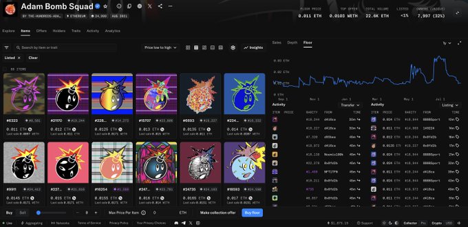 The image displays the Adam Bomb Squad NFT collection marketplace page, showing 86 listed items at 0.011 ETH, with a recent purchase of 8 NFTs at 0.011 ETH and a 7-day price chart of 0.011 ETH (down 1%, -32%).

This aligns with the post's mention of 86 listed Adams, though the collector notes buying 8 from the 25,000 total supply at 0.011 ETH each, highlighting an affordable entry point into the collection.