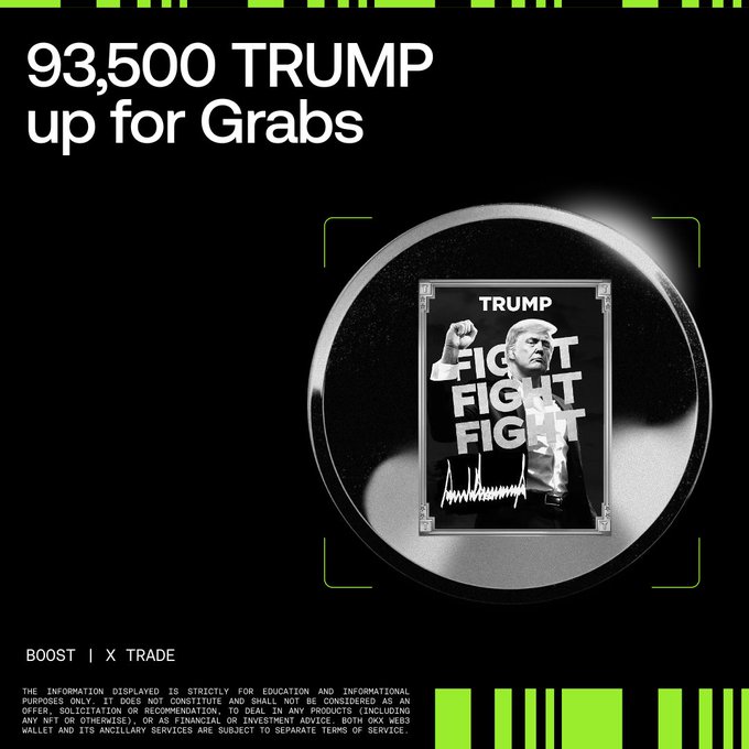 Promotional graphic for a "Boost | X Trade" campaign featuring a black and white framed image of Donald Trump with his fist raised and the word "FIGHT" repeated three times, displayed inside a circular spotlight against a black background with green accents. The headline reads "93,500 TRUMP up for Grabs," advertising a trading competition on the $TRUMP token at GetTrumpMemes DEX with a prize pool of 93,500 TRUMP tokens.