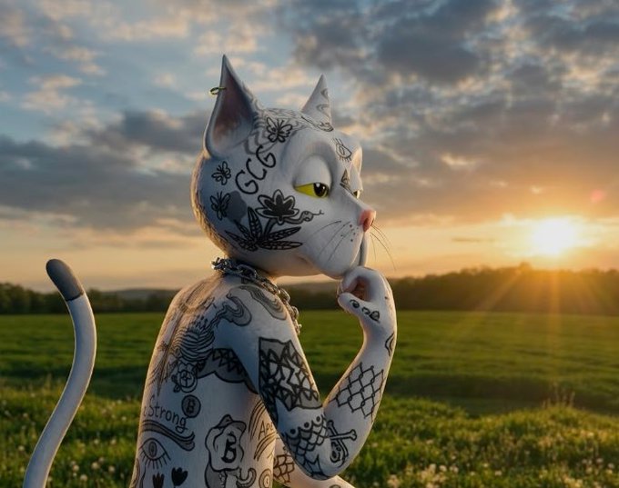 A 3D-rendered white cat covered in black tattoos, including butterflies and text like 'Strong', posing thoughtfully in a field at sunset.