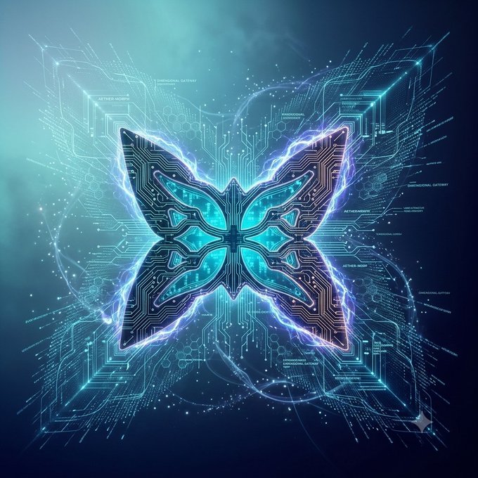 Futuristic digital artwork of a butterfly made from circuit board patterns, glowing in teal and blue tones against a dark teal background with hexagonal grid patterns and technical schematics.