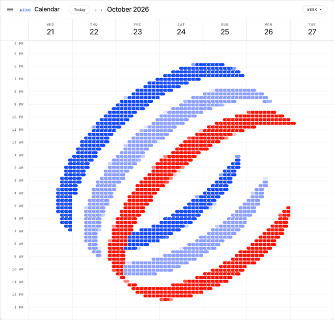 An AERO Calendar screenshot for October 2026 displays a weekly schedule filled with blue and red dot patterns indicating time blocks.