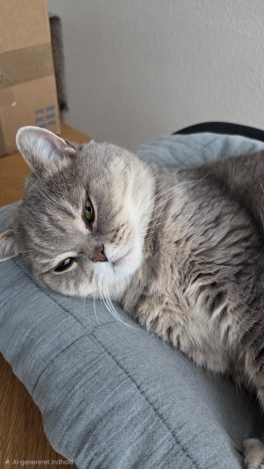 A close-up photo of a gray and white cat with green eyes lying on a blue-gray quilted bed cushion, looking sideways at the camera with a cardboard box visible in the background.