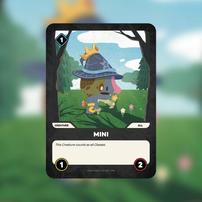 A digital trading card from 'Original Dogs™' labeled 'MINI' featuring a small blue and brown creature wearing a wizard hat with stats 1 and 2.