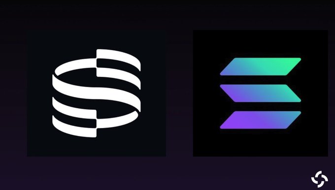 Two logos displayed side by side: the white Securitize emblem on the left and the gradient-colored Solana logo on the right, representing the partnership that brings tokenized $SECZ shares to the Solana blockchain alongside its NYSE debut.